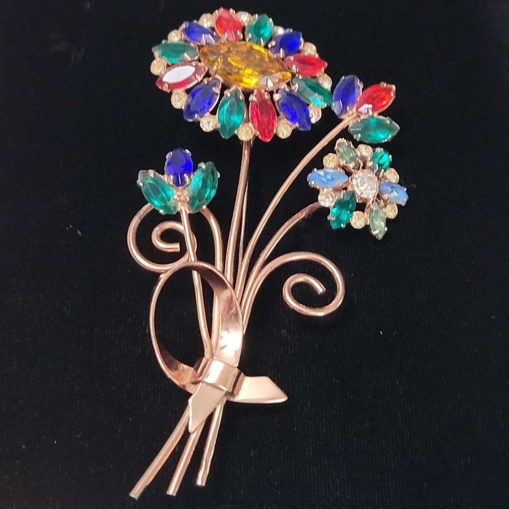 Vintage CORO Signed Sterling Vermeil 1940s Large 4" Rhinestone Flower Brooch